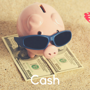 A piggy bank wearing sunglasses sitting on a pile of money