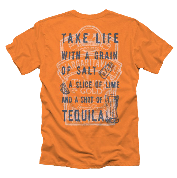 An orange t-shirt embroidered with 'take life with a grain of salt, a slice of lime and a shot of tequila'